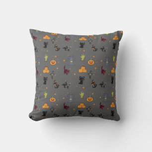 Spooky Halloween Pattern with Black Cats, Pumpkins Cushion