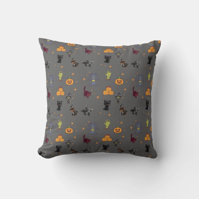 Spooky Halloween Pattern with Black Cats, Pumpkins Cushion (Front)