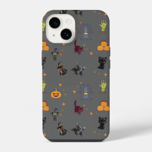 Spooky Halloween Pattern with Black Cats, Pumpkins iPhone 14 Case