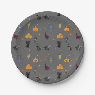 Spooky Halloween Pattern with Black Cats, Pumpkins Paper Plate