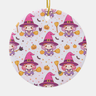Spooky Halloween Pattern with Pumpkins and witch Ceramic Tree Decoration