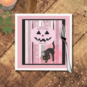 Spooky Halloween Pink and Black Stripes Pumpkin  Napkin