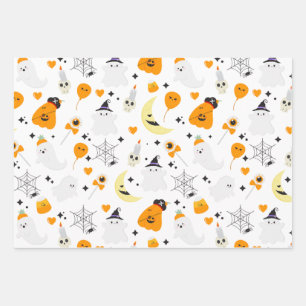 Spooky halloween pink scary ghost pattern wrapping paper sheet