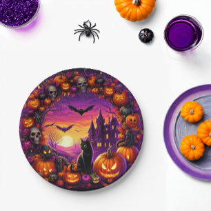 Spooky Halloween Plates Pumpkins and Haunted House