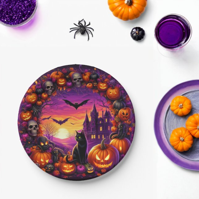 Spooky Halloween Plates Pumpkins and Haunted House (Creator Uploaded)