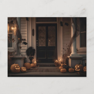 Spooky Halloween Porch Decor with Jack-o'-Lanterns Postcard