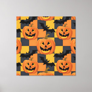 Spooky Halloween Pumpkin and Bat Pattern Canvas Print