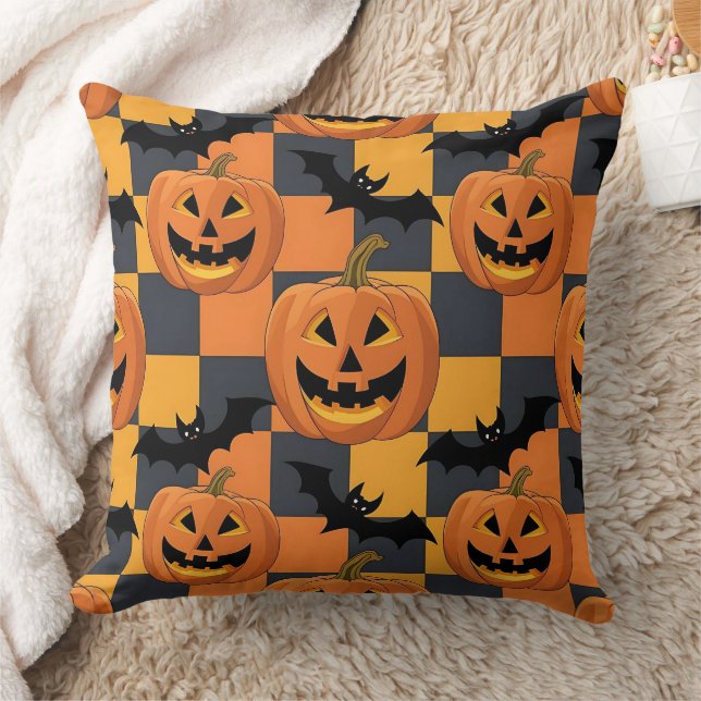 Spooky Halloween Pumpkin and Bat Pattern Cushion (Blanket)