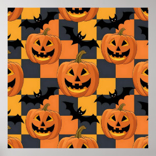 Spooky Halloween Pumpkin and Bat Pattern Poster
