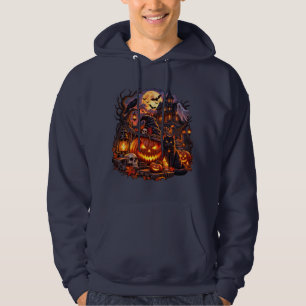 Spooky Halloween Pumpkin Black Cat Pullover Hoodie