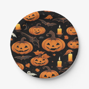 Spooky Halloween Pumpkin Black Paper Plate