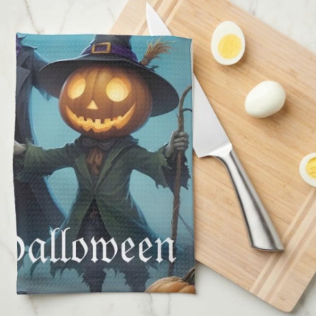 Spooky Halloween Pumpkin Duo Tea Towel (Kitchen Towel 16”X24” poly-blend machine washable. )