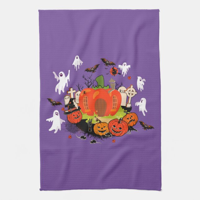 Spooky Halloween Pumpkin Graveyard Scene Tea Towel (Vertical)