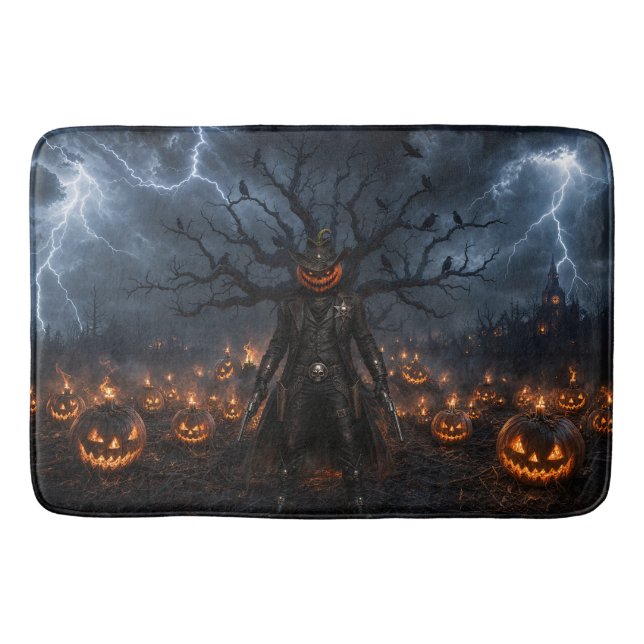 Spooky Halloween Pumpkin Sheriff Cowboy Lightning  Bath Mat (Front)