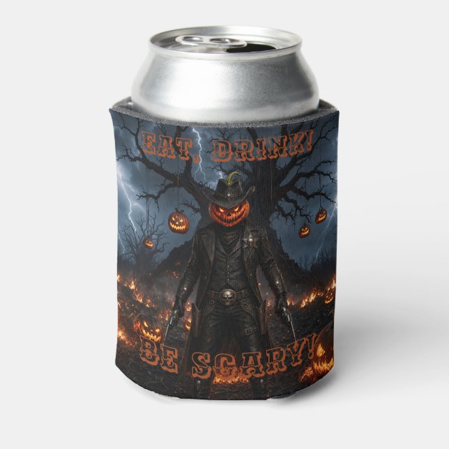 Spooky Halloween Pumpkin Sheriff Cowboy Lightning  Can Cooler (Can Back)