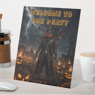 Spooky Halloween Pumpkin Sheriff Cowboy Lightning Pedestal Sign