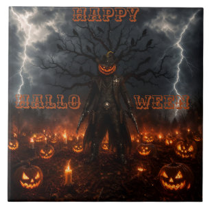 Spooky Halloween Pumpkin Sheriff Cowboy Lightning Tile