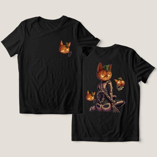Spooky Halloween Pumpkin Skeleton Cat Tri-Blend Shirt (Design Front & Back)