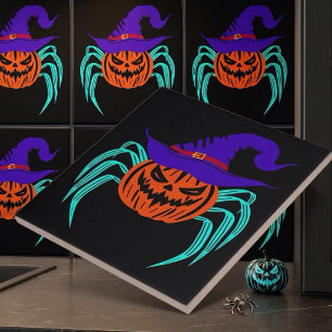 Spooky Halloween Pumpkin Spider And Witch Hat Art Tile
