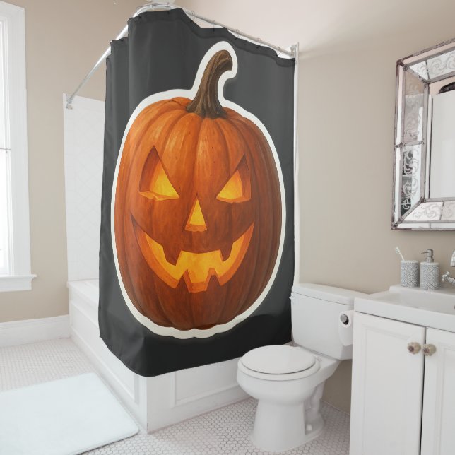 Spooky Halloween Pumpkin Sticker Shower Curtain (In Situ)