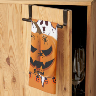 Spooky Halloween Pumpkin with Ghost and Spider Des Tea Towel