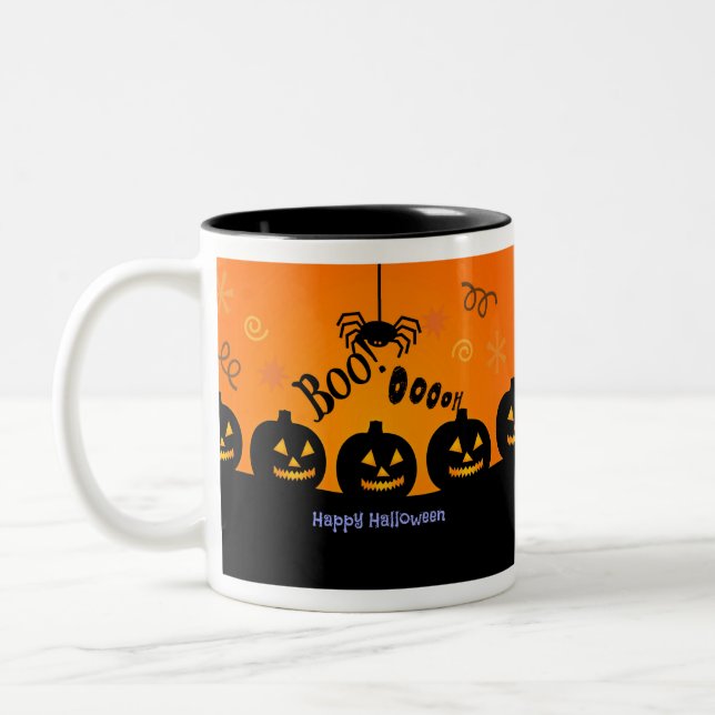 Spooky Halloween Pumpkins Jack-o-Lanterns Two-Tone Coffee Mug (Left)