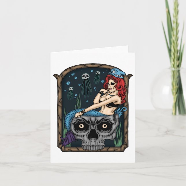 Spooky Halloween Punk Goth Skull Mermaid  Card (Front)