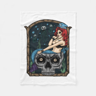 Spooky Halloween Punk Goth Skull Mermaid  Fleece Blanket