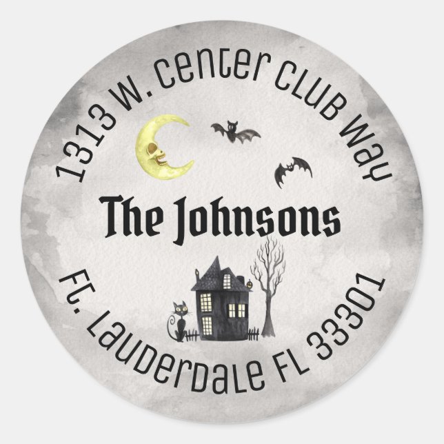 Spooky Halloween Round Black Return Address Labels (Front)