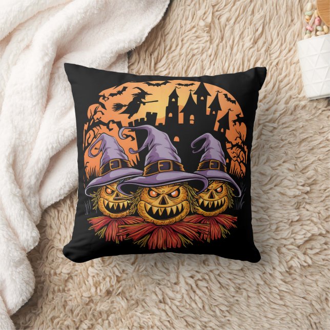 Spooky Halloween scarecrows under a full moon Cushion (Blanket)
