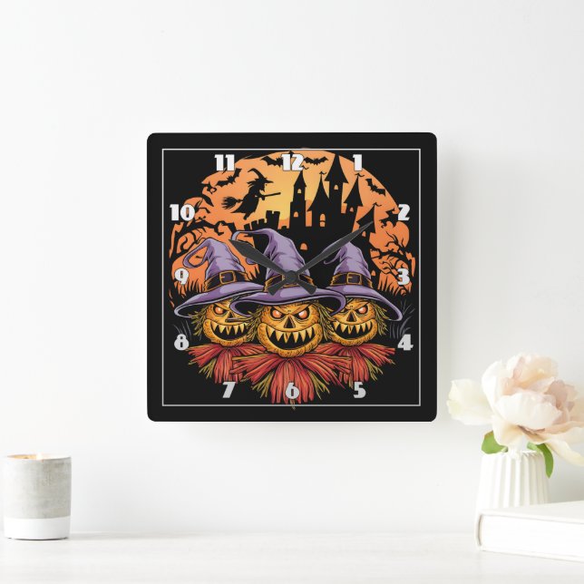 Spooky Halloween scarecrows under a full moon Square Wall Clock (Home)