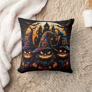 Spooky Halloween scarecrows under a haunted moon Cushion