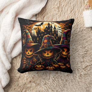 Spooky Halloween scarecrows with glowing pumpkins Cushion