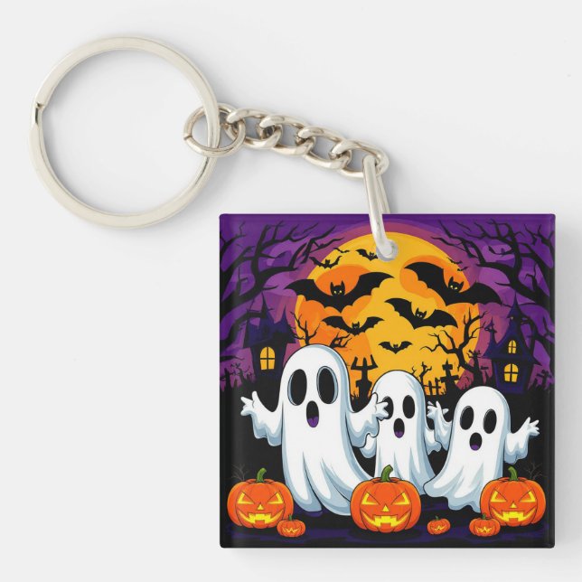 Spooky Halloween Scene with Ghosts Key Ring (Front)