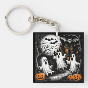 Spooky Halloween Scene with Ghosts Key Ring