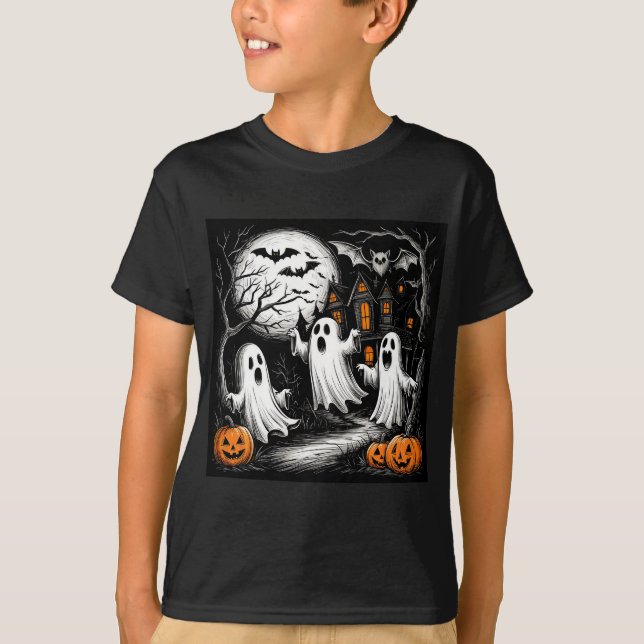 Spooky Halloween Scene with Ghosts T-Shirt (Front)