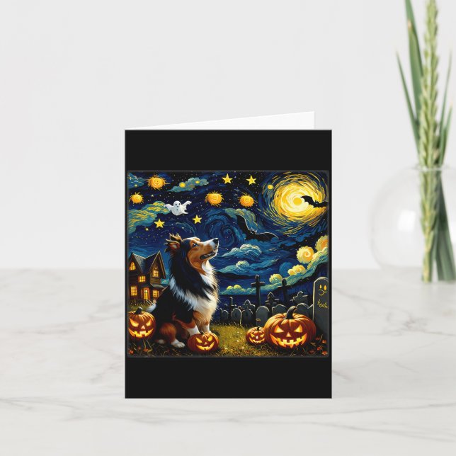 Spooky Halloween Sheltie Dog Starry Night Card (Front)