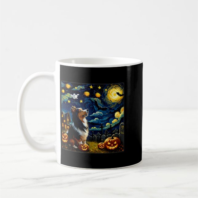 Spooky Halloween Sheltie Dog Starry Night Coffee Mug (Left)