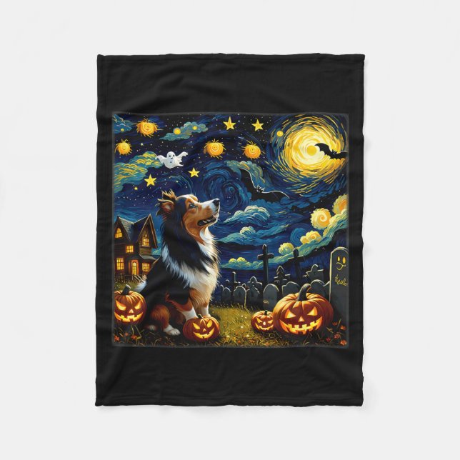 Spooky Halloween Sheltie Dog Starry Night Fleece Blanket (Front)
