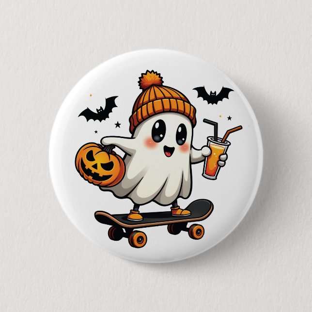 Spooky Halloween Skating Pumpkin Spice Ghost Fall 6 Cm Round Badge (Front)