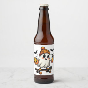 Spooky Halloween Skating Pumpkin Spice Ghost Fall Beer Bottle Label