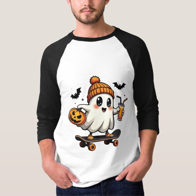 Spooky Halloween Skating Pumpkin Spice Ghost Fall T-Shirt (Front)