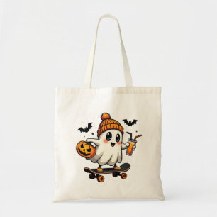 Spooky Halloween Skating Pumpkin Spice Ghost Fall Tote Bag
