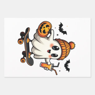 Spooky Halloween Skating Pumpkin Spice Ghost Fall Wrapping Paper Sheet