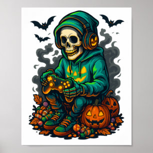 Spooky Halloween Skeleton Gamer Funny Video Gaming Poster