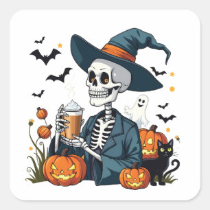 Spooky Halloween Skeleton Sippin Pumpkin Spice Square Sticker