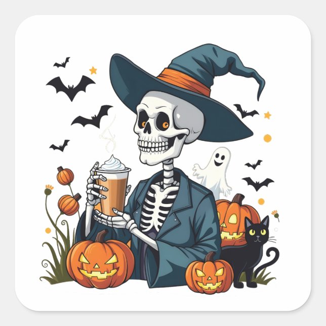 Spooky Halloween Skeleton Sippin Pumpkin Spice Square Sticker (Front)