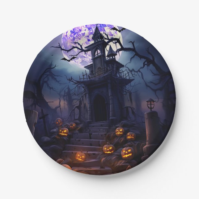 Spooky Halloween Skeleton Skull Haunted House  Paper Plate (Front)