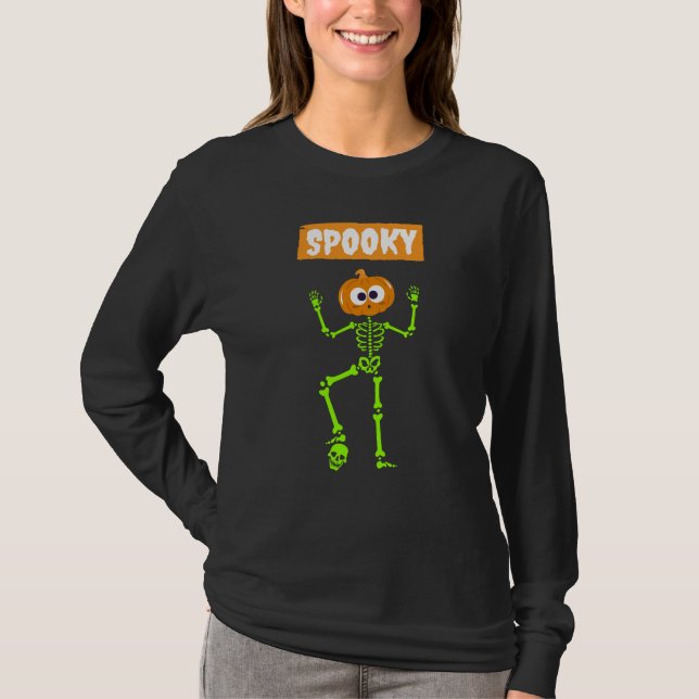 Spooky Halloween Skeleton with Pumpkin Head T-Shirt (Front)