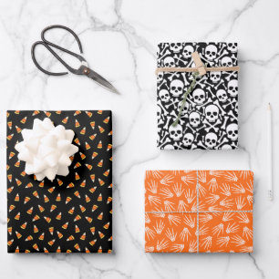 Spooky Halloween Skull & Candy Corn Pattern Wrapping Paper Sheet